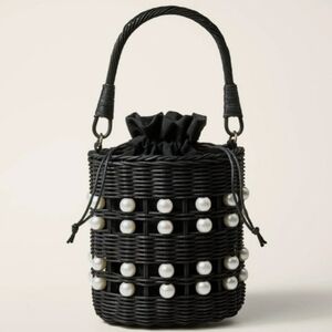 Kate Spade Target Basket Black Woven Bucket Bag with Pearl Accents